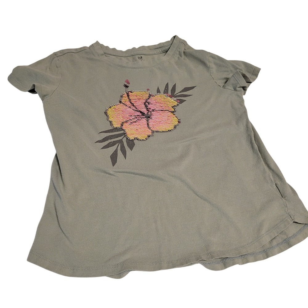Gap Kids Hibiscus Flip Sequin T-Shirt Girls M 8-9 Sage Green  Floral Tropical